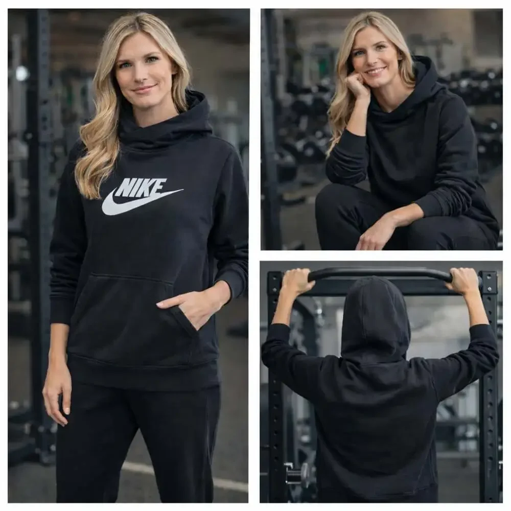 Nike Sportswear Funnel Neck Hoodie Women’s L Black Script Swoosh Pullover